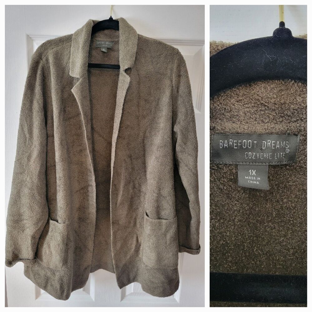 Barefoot dreams Cardigan Plus 1X Cozychic Double Knit Notch Collar Coastal 1224